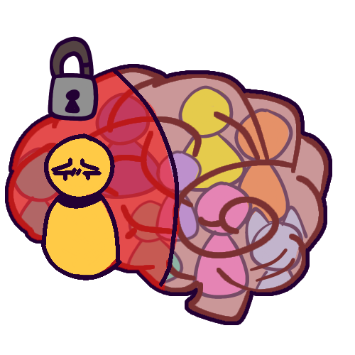 Drawing of a brain with several people inside, representing a system. A yellow person with a tired or sad expression is at the front of the brain, with a red barrier separating them from the rest of the brain. There is a locked padlock above them.